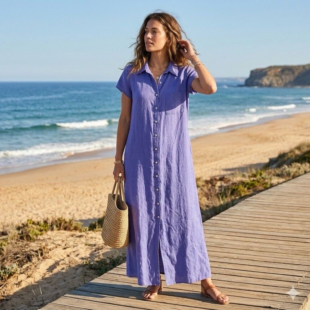 vintage Charles Keath Linen Maxi Shirt Dress M Button Front Coastal Lagenlook